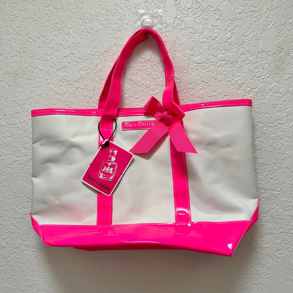 Juicy Couture Rule Breaker Tote Bag Pink White Patent Trim Bow Tropical Palm NWT